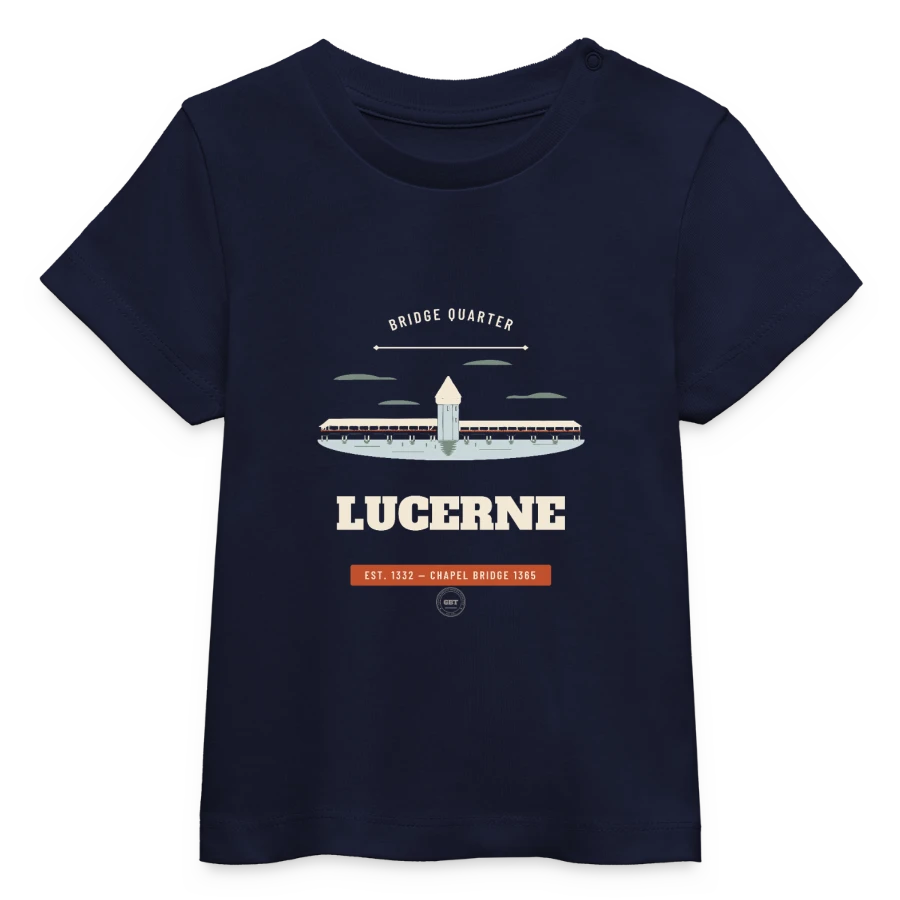 Lucerne badge on a baby organic t-shirt by stanley/stella, navy