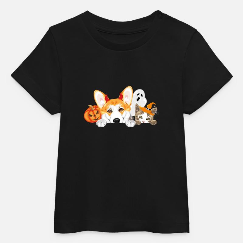 Regard Corgi et chat avec accessoires d’Halloween - T-shirt bébé bio Stanley/Stella - noir