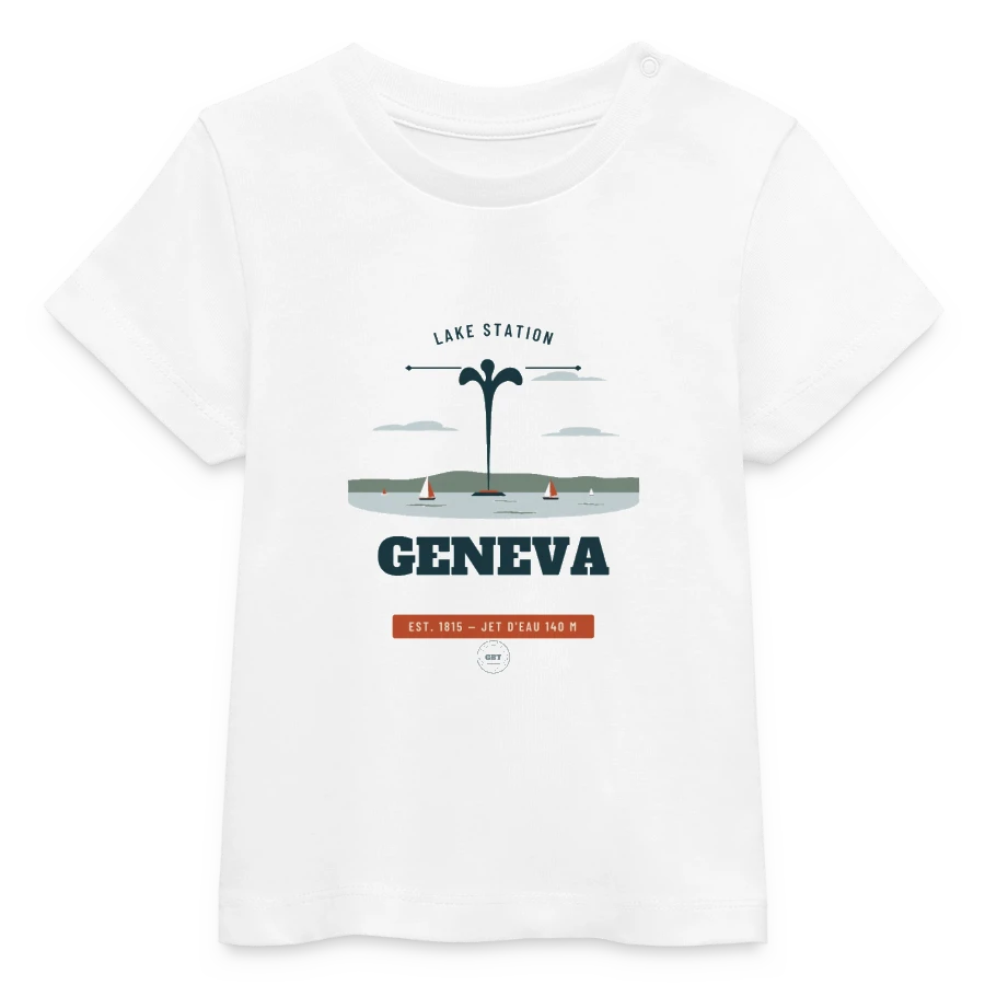 Geneva badge on a baby organic t-shirt by stanley/stella, white