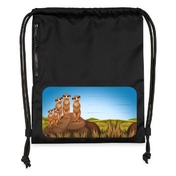 Buchaufkleber Erdmännchen am Felsen in der Savanne - Turnbeutel aus Recycling-Material - Schwarz - Vorne