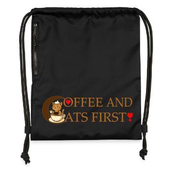 Kaffee und Katzen zuerst - Turnbeutel aus Recycling-Material - Schwarz - Vorne
