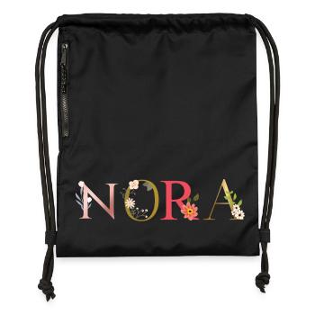 NORA Name mit Blumen geschmückt - Turnbeutel aus Recycling-Material - Schwarz - Vorne