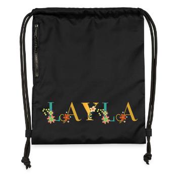 LAYLA Name Art With Flowers Embroidered - Gymsac made from recycled material - black - Front