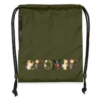 Le prénom de LEONIE décoré de fleurs - Sac à cordon en polyester recyclé - military green - Devant