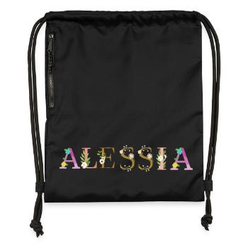 ALESSIA name decorated with flowers - Gymsac made from recycled material - black - Front