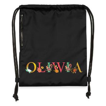 OLIWIA name decorated with flowers - Gymsac made from recycled material - black - Front
