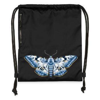 Mystic Midnight – Blue Flower Moth Art - Gymsac made from recycled material - black - Front