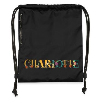 CHARLOTTE Name Art With Flowers Embroidered - Gymsac made from recycled material - black - Front