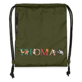 THOMAS Name Art With Flowers Embroidered - Gymsac made from recycled material - military green - Front