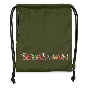SEBASTIAN Name Art With Flowers Embroidered - Gymsac made from recycled material - military green - Front