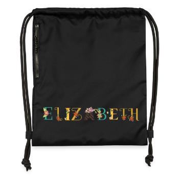 ELIZABETH Name Art With Flowers Embroidered - Gymsac made from recycled material - black - Front