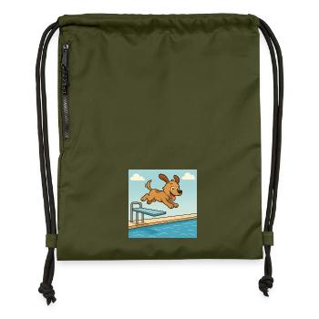 Playful dog jumping into the water - Gymsac made from recycled material - military green - Front