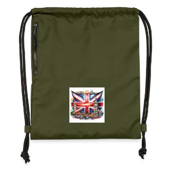 Watercolour Union Jack with British Landmarks - Gymsac made from recycled material - military green - Front