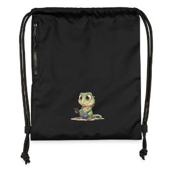 Bébé lézard avec téléphone portable - Sac à cordon en polyester recyclé - noir - Devant