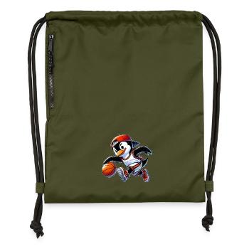 Dessin animé humoristique de joueur de basket-ball pingouin drôle - Sac à cordon en polyester recyclé - military green - Devant