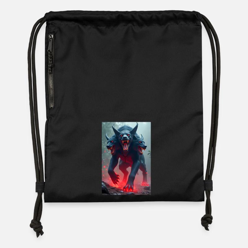 Cerberus, three-headed black dog, glowing eyes - Gymsac made from recycled material - black