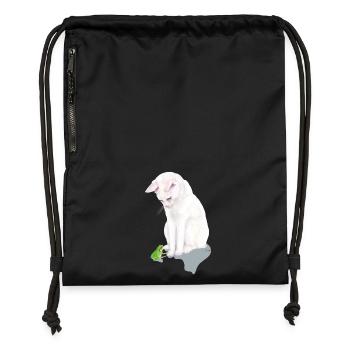 White cat with green frog - Gymsac made from recycled material - military green - Front