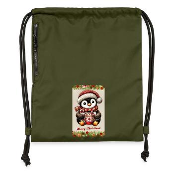 Christmas Penguin with Hot Chocolate - Gymsac made from recycled material - military green - Front