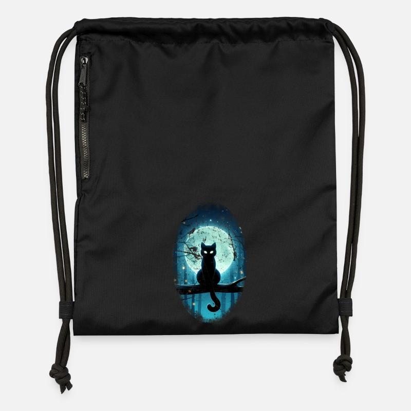 Chat noir devant la pleine lune - Sac à cordon en polyester recyclé - noir