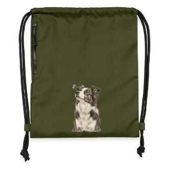 Border Collie Dog with Butterfly - Gymsac made from recycled material - military green - Front