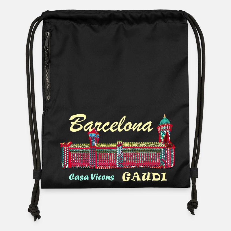 Barcelone, A. Gaudí, Casa Vicens, Espagne - Sac à cordon en polyester recyclé - noir