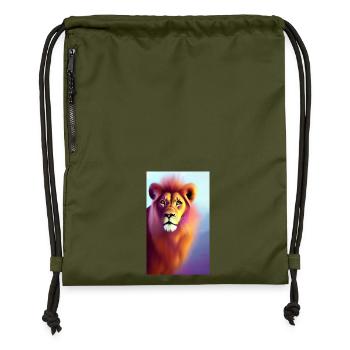 Comic Cartoon Zeichnung einer queeren Löwin - Turnbeutel aus Recycling-Material - military Green - Vorne