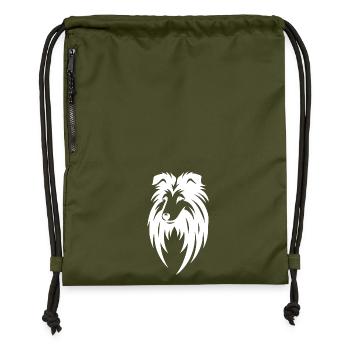 Long-haired Collie in Tribal Tattoo Style - Gymsac made from recycled material - military green - Front
