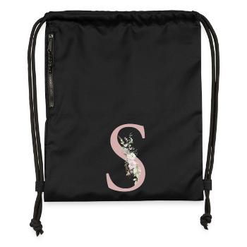 S Monogramme, Floral, Personnalisable - Sac à cordon en polyester recyclé - noir - Devant