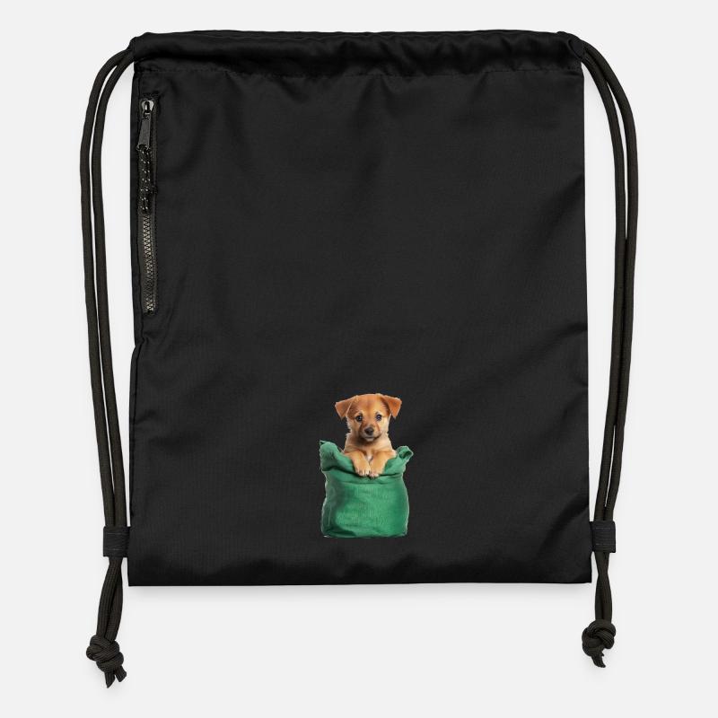 Chiot mignon dans un sac vert - Sac à cordon en polyester recyclé - noir