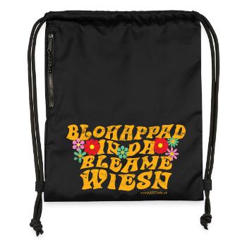 blohappad in da Bleamewiesn - barfuß, Blumenwiese - Turnbeutel aus Recycling-Material - Schwarz - Vorne