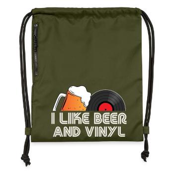 I Like Beer and Vinyl Retro Quote Design - Gymsac made from recycled material - military green - Front