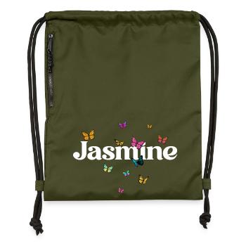 Beautiful girl's name with butterflies JASMINE - Gymsac made from recycled material - military green - Front