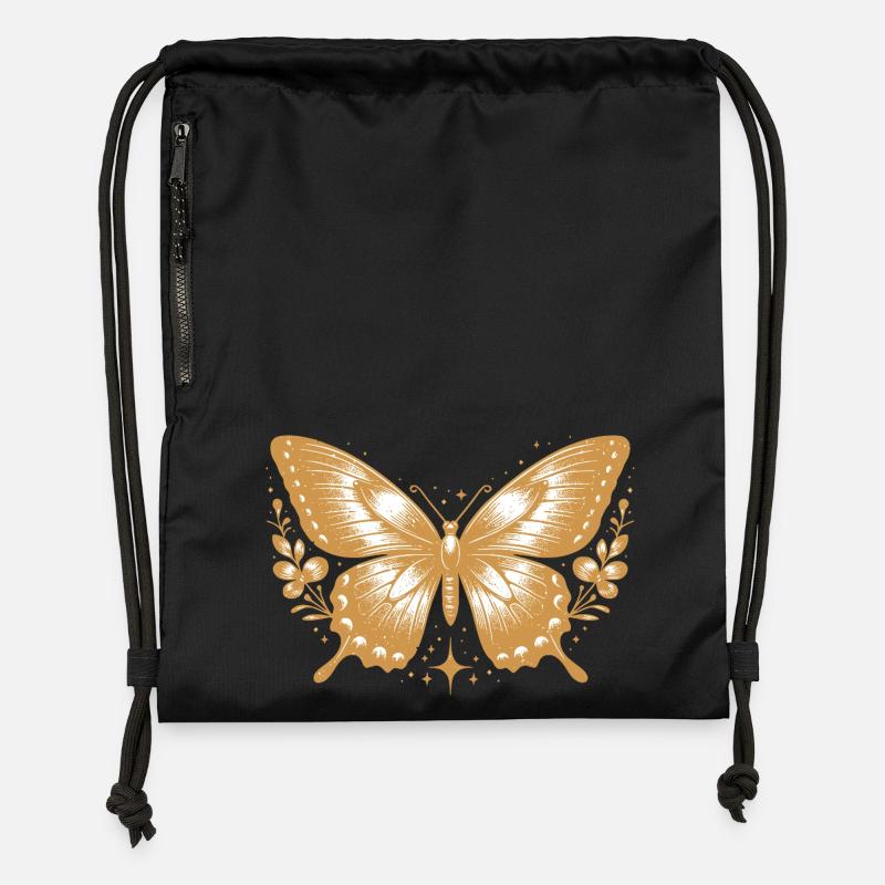 Papillon doré floral vintage - Sac à cordon en polyester recyclé - noir