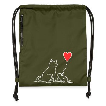 Cat and Mouse with Heart Balloon - Gymsac made from recycled material - military green - Front
