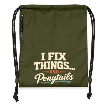 Je répare tout, y compris les queues de cheval | Papa - Sac à cordon en polyester recyclé - military green - Devant