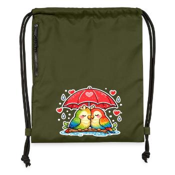 Couple of hearts under umbrella parrot - Gymsac made from recycled material - military green - Front