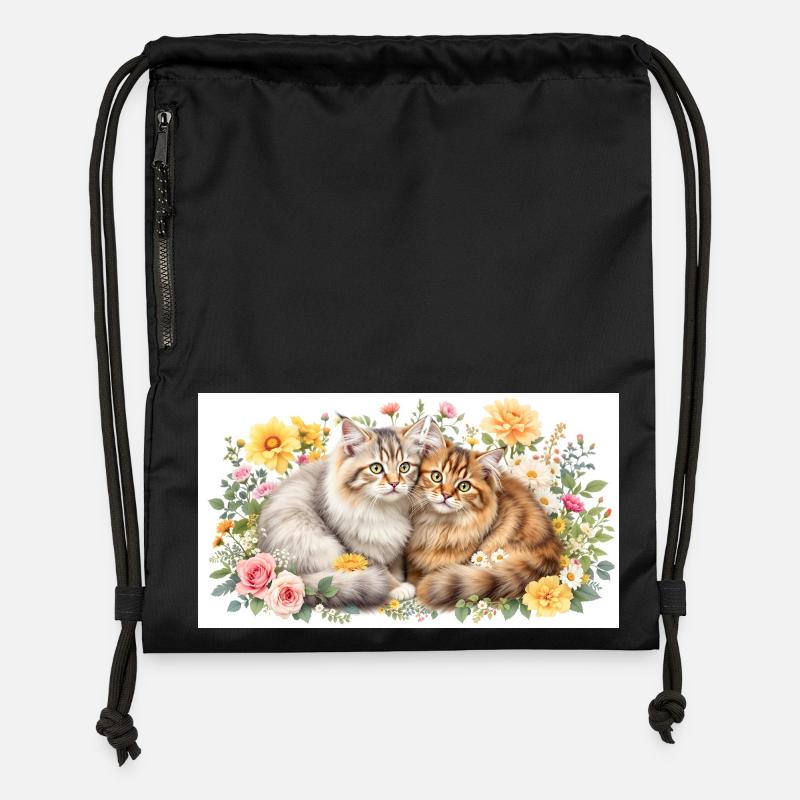 Chats pastel en floraison printanière - Sac à cordon en polyester recyclé - noir