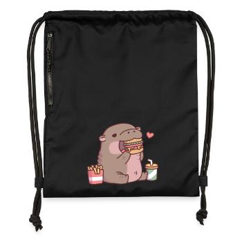 Cute Chubby Pygmy Hippo Loves Eating Burger - Gymsac made from recycled material - black - Front