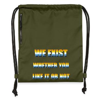 We Exist - AroAce Flag - Gymsac made from recycled material - military green - Front