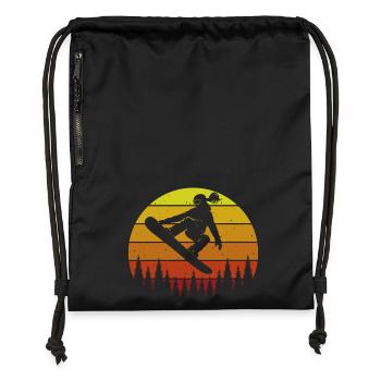 Retro Snowboarderin Slopestyle Wintersport Wald - Turnbeutel aus Recycling-Material - Schwarz - Vorne