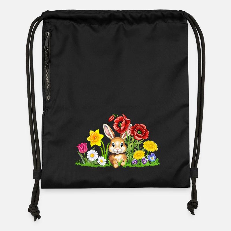 Lapin mignon avec des fleurs - Lapin de Pâques Fleurs de Pâques - Sac à cordon en polyester recyclé - noir