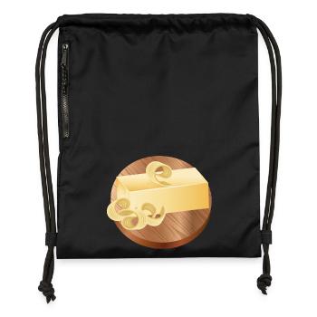 zart schimmernde Butter mit Röllchen auf Holzbrett - Turnbeutel aus Recycling-Material - Schwarz - Vorne