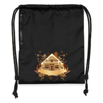 gemütliche Blockhütte mit Banner zum Beschriften - Turnbeutel aus Recycling-Material - Schwarz - Vorne