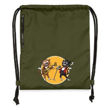 Two cats singing and playing a guitar together - Gymsac made from recycled material - military green - Front