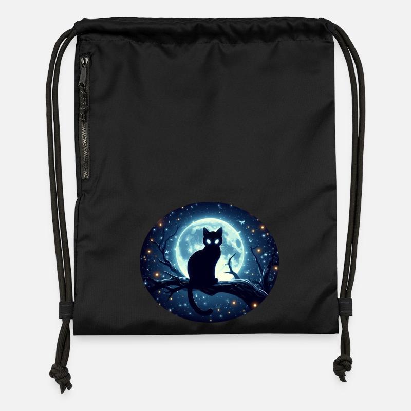 Cat sitting on a branch at full moon - Gymsac made from recycled material - black