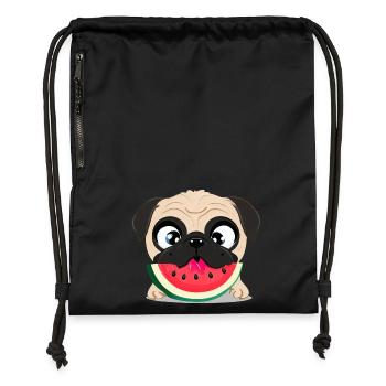 Mops mit Wassermelone, Fruchtiges Hunddesign - Turnbeutel aus Recycling-Material - Schwarz - Vorne
