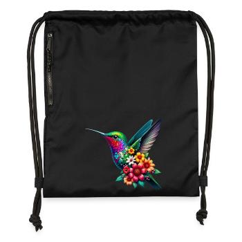 Kolibri mit Blumen geschmückt - Turnbeutel aus Recycling-Material - Schwarz - Vorne