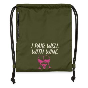 I Pair Well With Wine – Wine Glass Motif - Gymsac made from recycled material - military green - Front