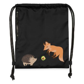 Fuchs und Igel spielen mit einer Kastanie Fußball - Turnbeutel aus Recycling-Material - Schwarz - Vorne