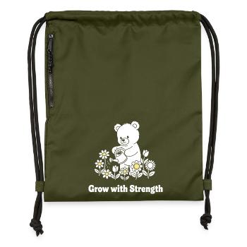 Bear watering flowers – strength grows - Gymsac made from recycled material - military green - Front
